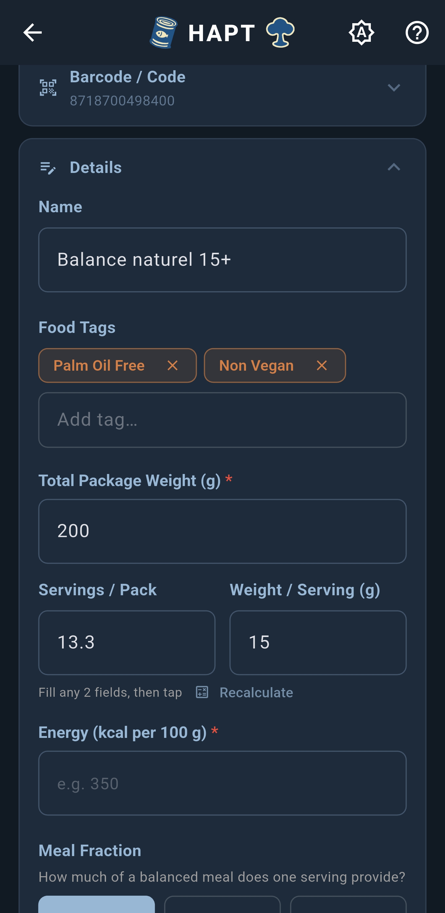Barcode result — nutrition details