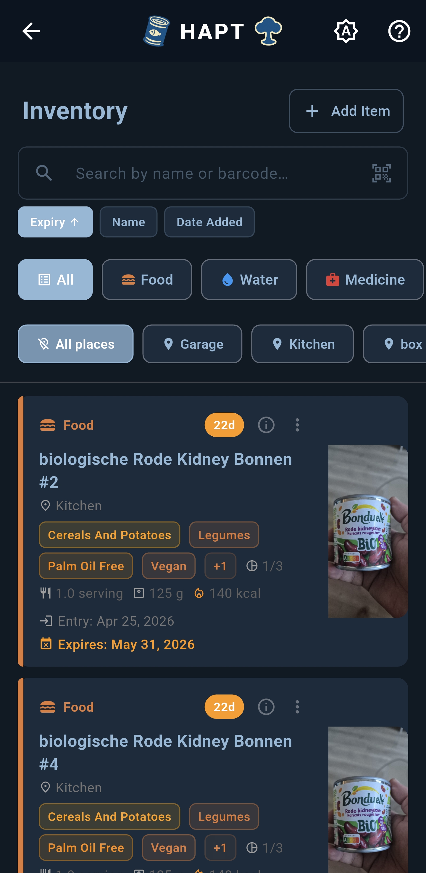 Inventory list view