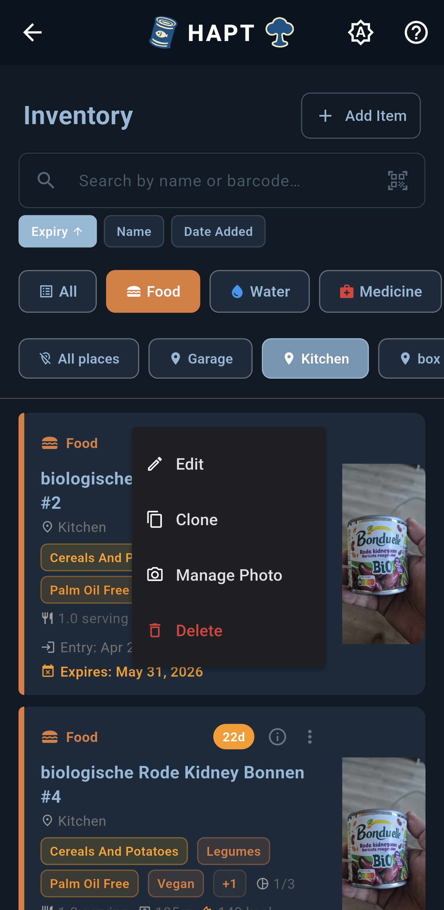 Inventory item actions — edit, clone, photo, delete