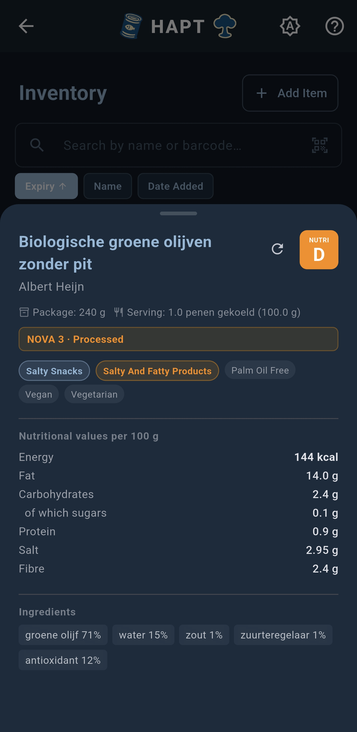 Item detail — full nutrition values