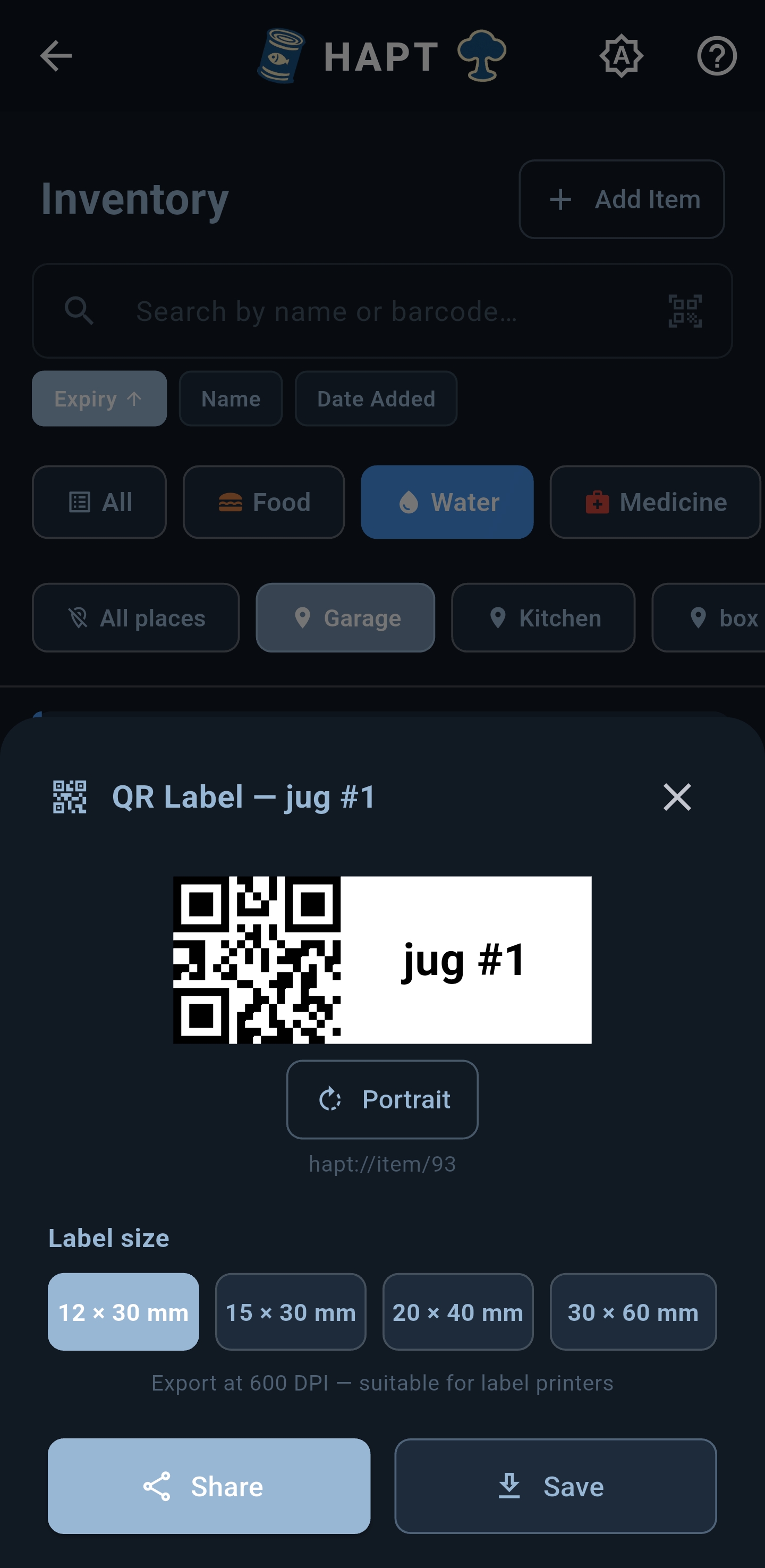 Water item QR label