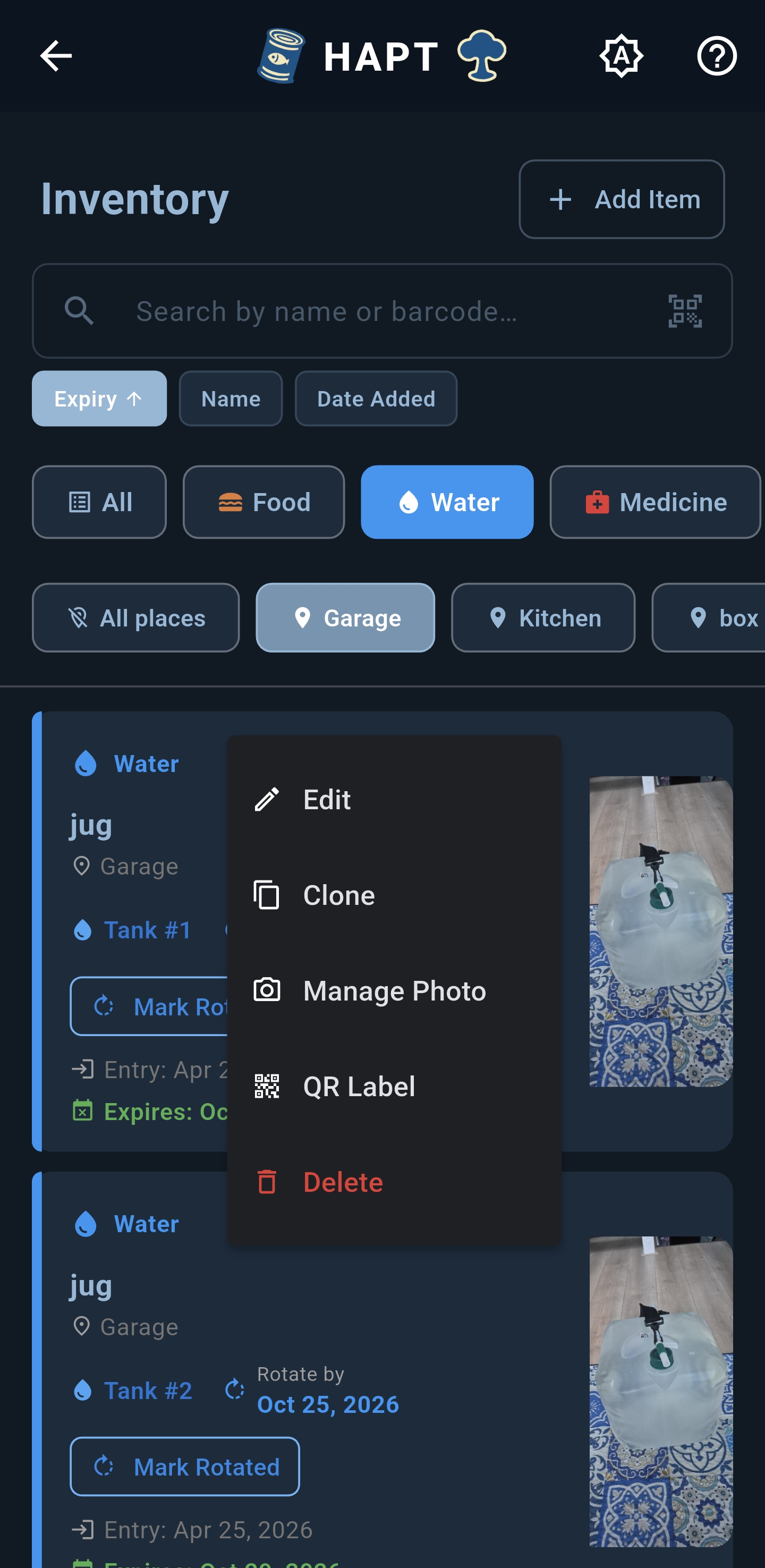 Water items with rotation info