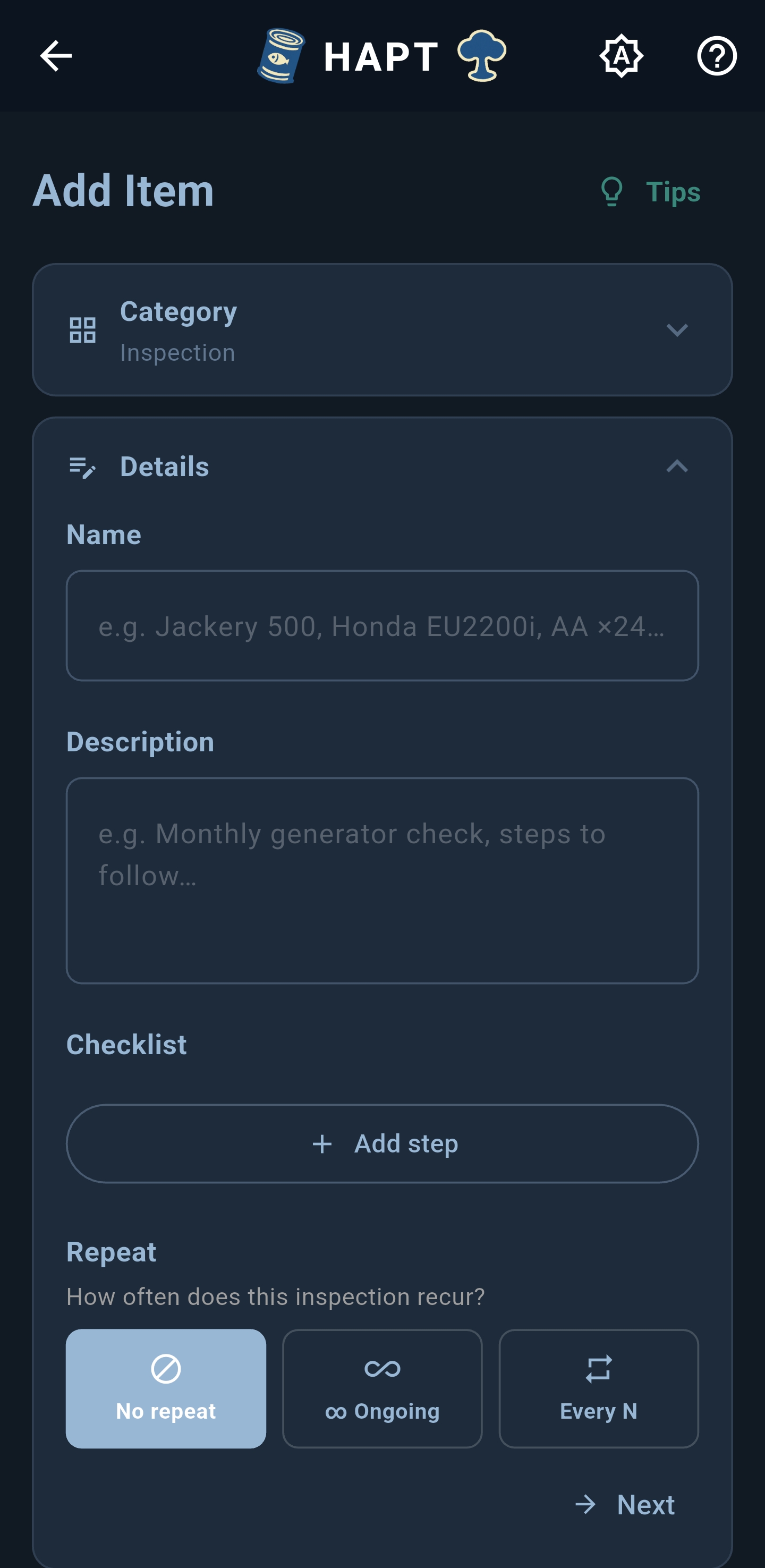 Item checklist / inspection form