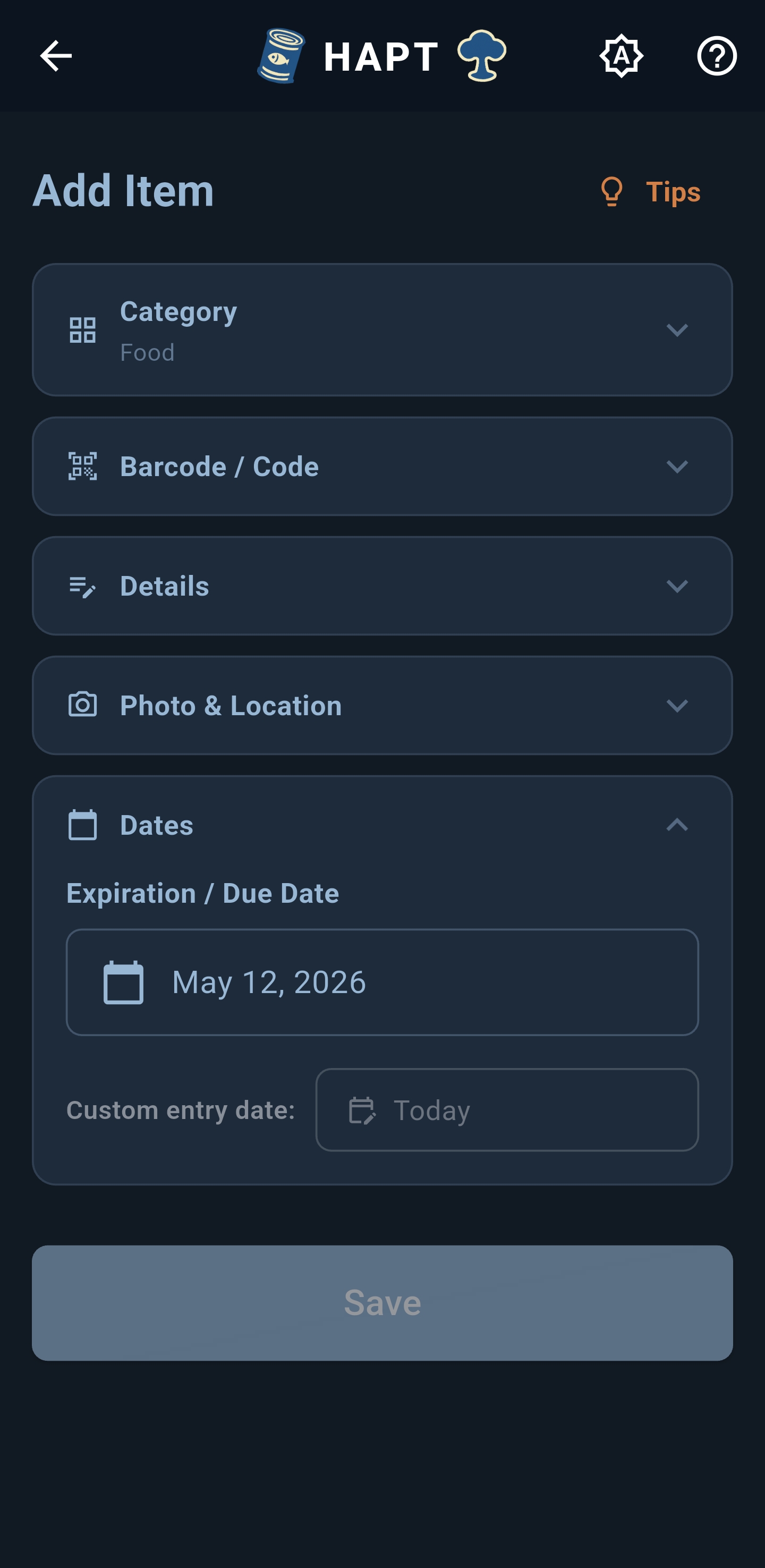 Item dates — entry and expiry