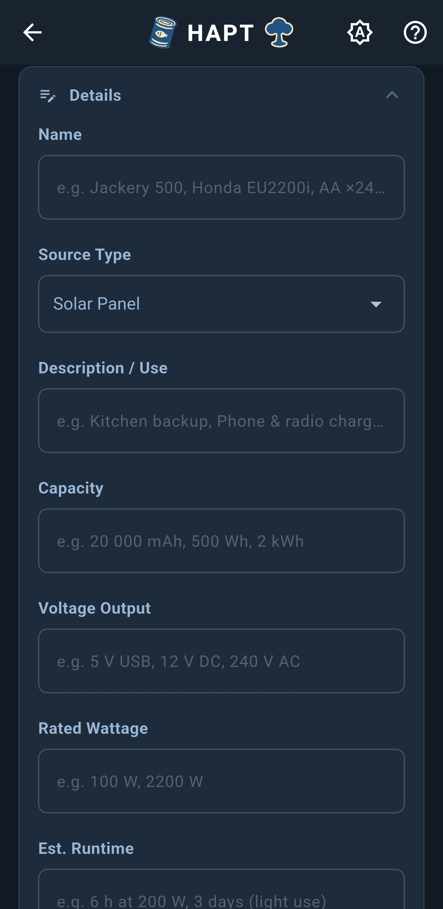 Energy item form