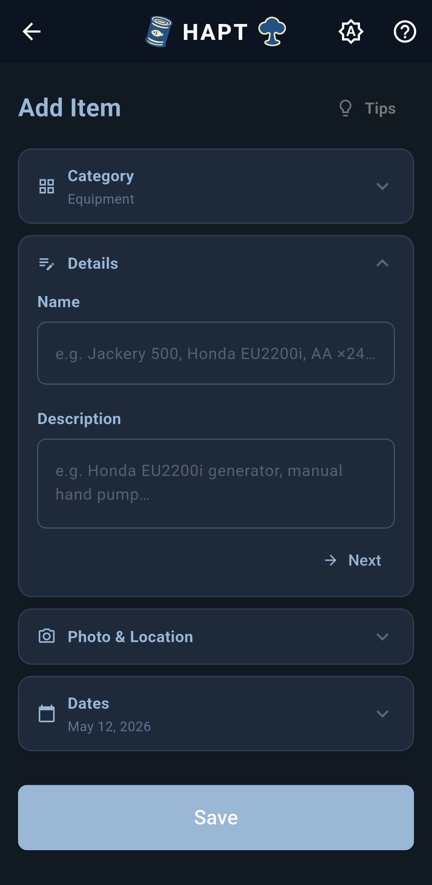 Equipment item form