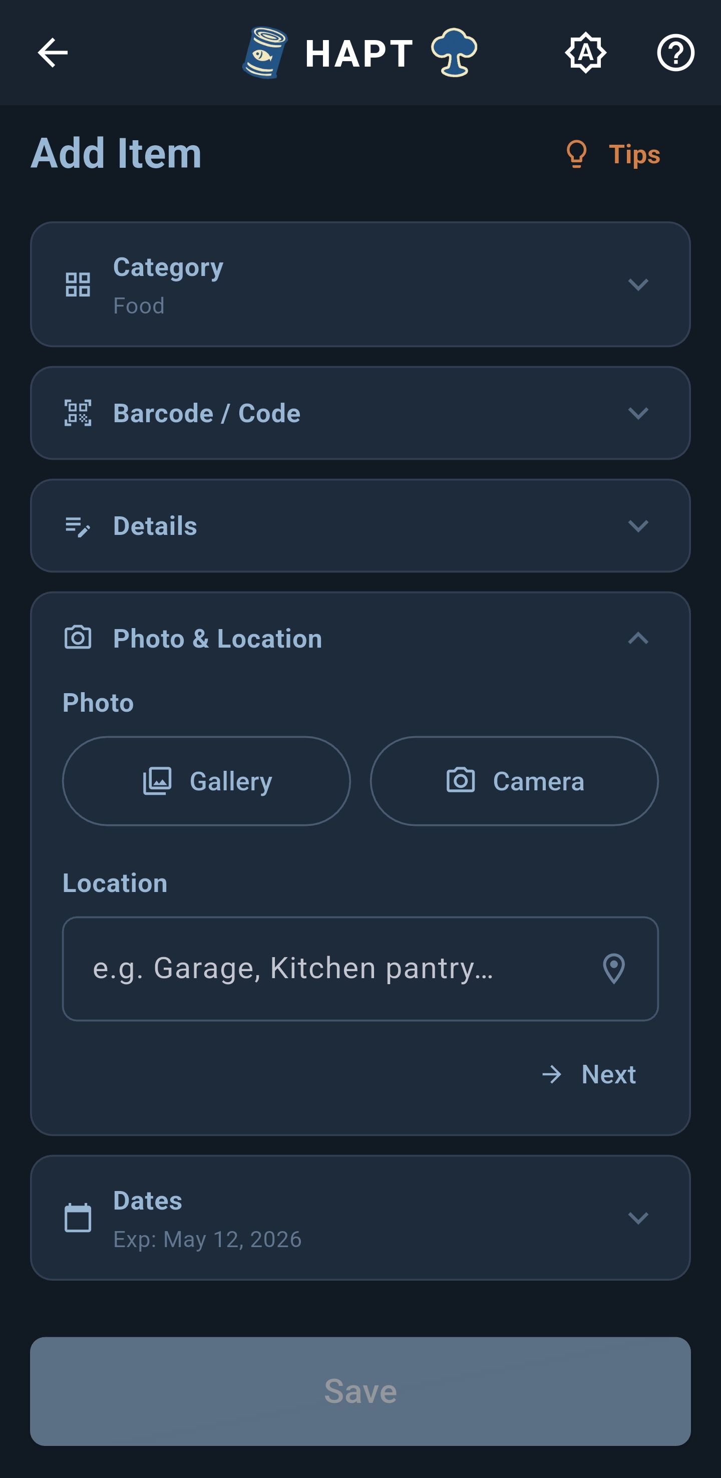 Item photo and location