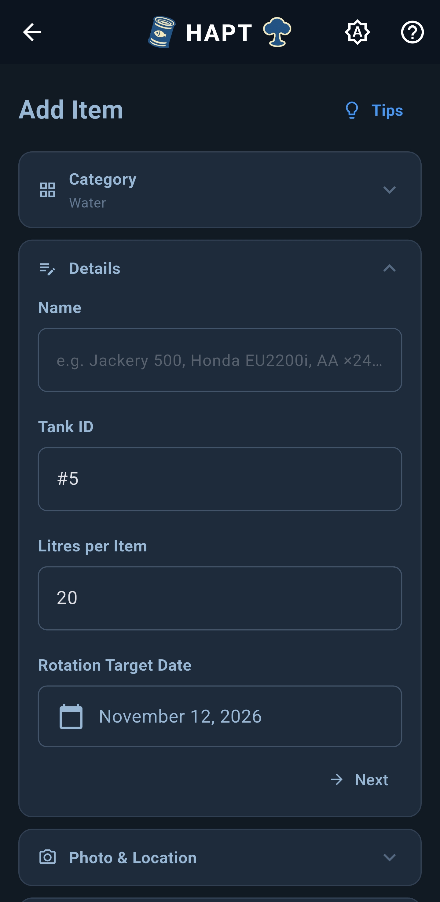 Water item detail