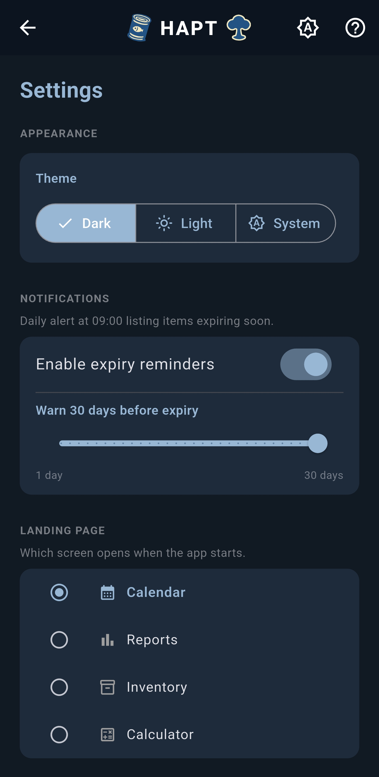 Settings — appearance and notifications