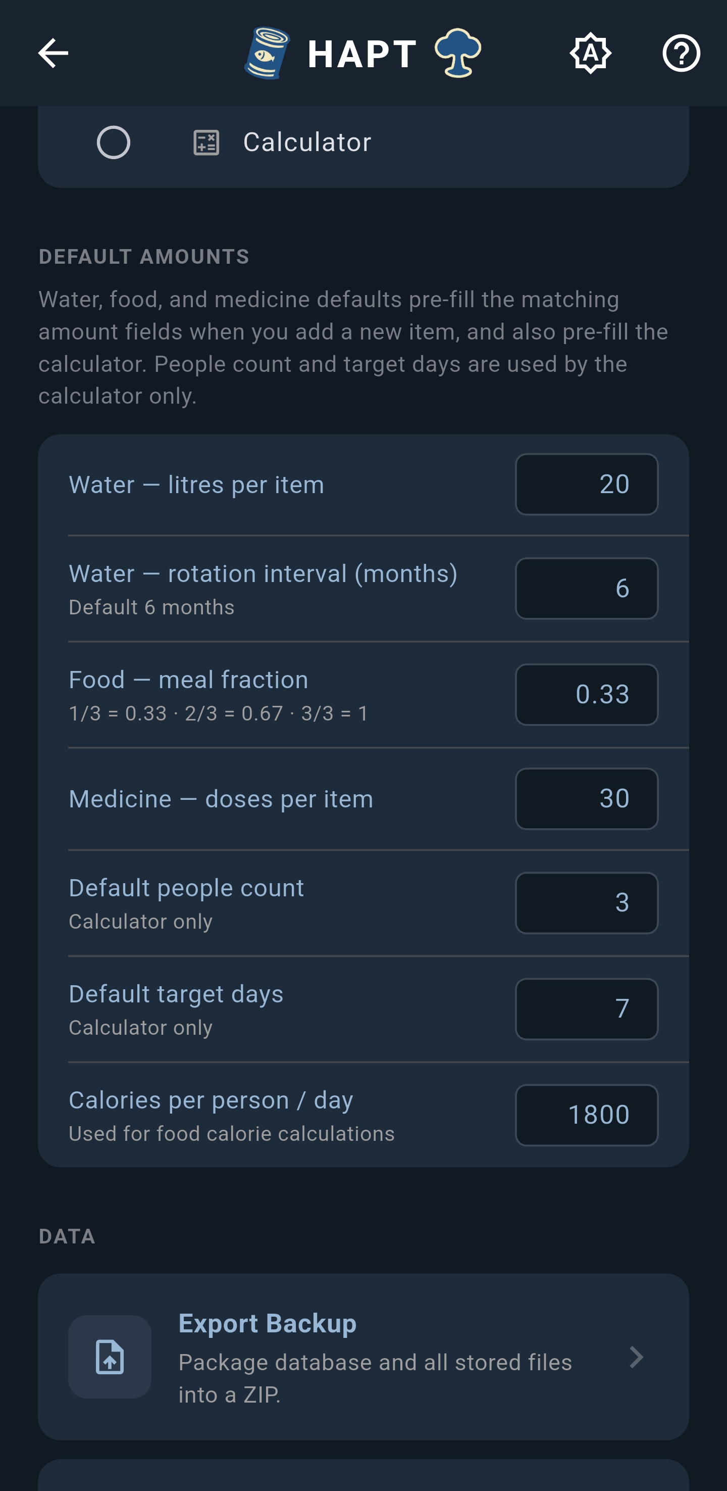 Settings — default amounts