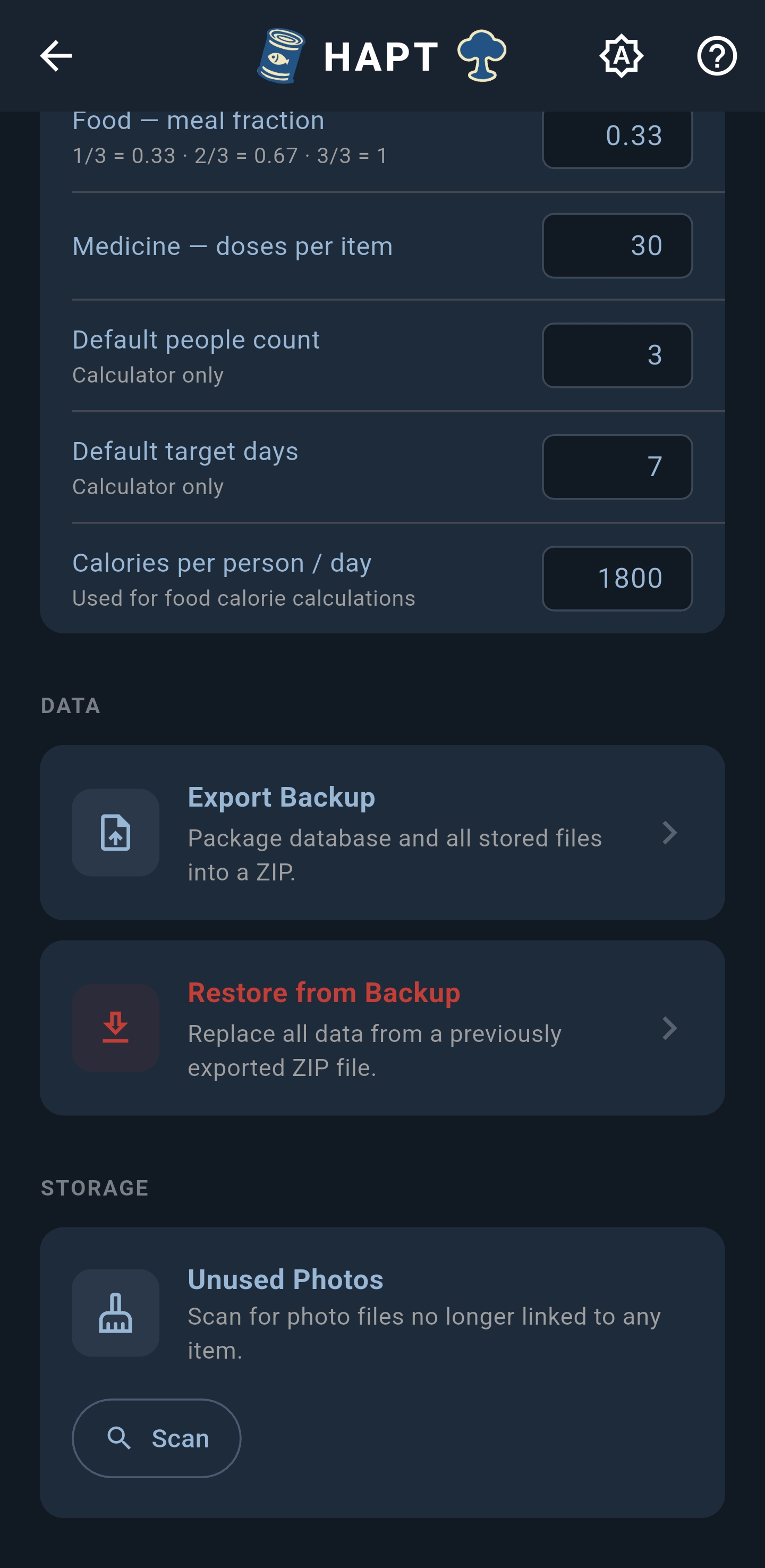 Settings — data and storage