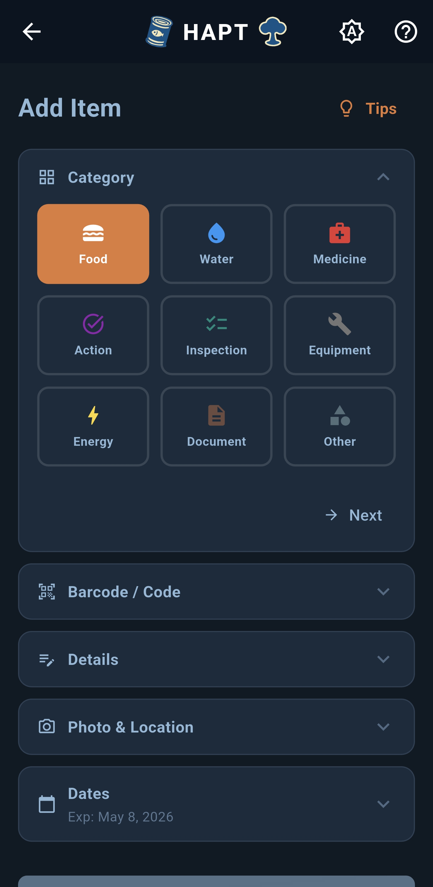 Category picker — all 9 types